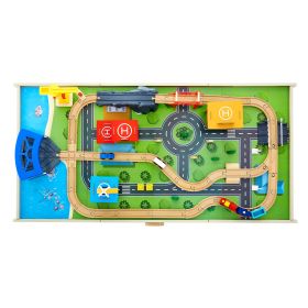 Train Table, 62 Multicolor Pieces Wooden Kids Activity Table with Large Storage Drawer, 3-in-1 Wooden Train Set for Playing, Drawing, Reading, Eating