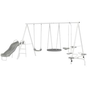 5 in 1 Kids Swing Set for Backyard with Heavy-Duty A-Frame Stand, Saucer Swing, Slide, Seesaw, Glider, Swing Seat, Gray