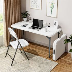 4ft Plastic Folding Table, Indoor Outdoor Heavy Duty Portable Tables, Adjustable Height Camping Table for Home Office Party Picnic, White