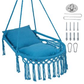 Navy Boho Macrame Hanging Swing Chair with 2 Padded Cushions, 330LBS Capacity Hammock Chair for Indoor Outdoor Bedroom Patio Balcony