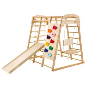 Indoor Jungle Gym, 7-in-1 Toddler Indoor Playground, Wooden Toddler Climbing Toys Indoor with Wood & Rope Ladder, Net Ladder, Swing, Monkey Bar, Slide