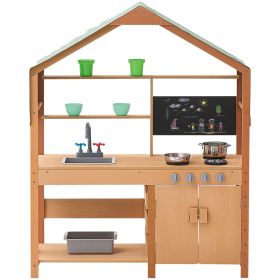 Mud Kitchen for Kids, Wooden Toy Play Kitchen Set with Accessories, Outdoor Toddler Grocery Store Playset, Pretend Play Kitchen with Stoves