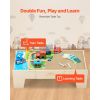Train Table, 62 Multicolor Pieces Wooden Kids Activity Table with Large Storage Drawer, 3-in-1 Wooden Train Set for Playing, Drawing, Reading, Eating